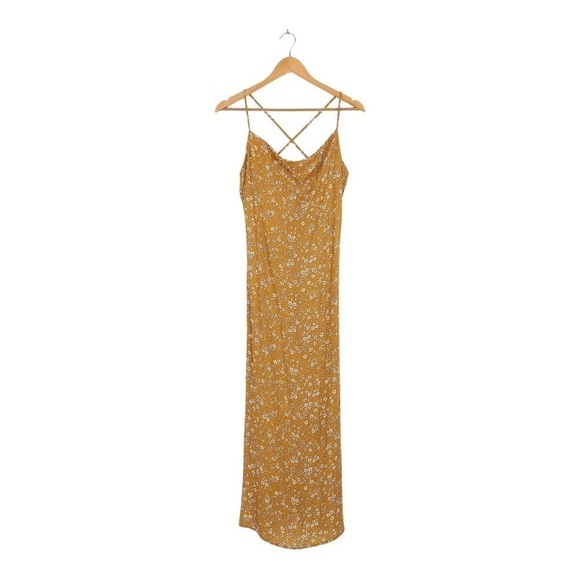 LULU'S Dark Mustard Yellow Floral Print Cross Back Midi Slip Dress Small - Picture 5 of 7